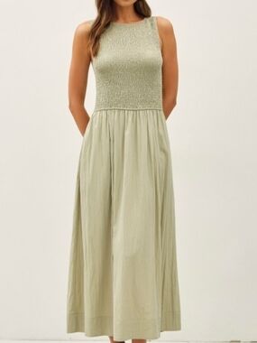 Smocked Bodice Boatneck Tank Maxi Dress Sage Green